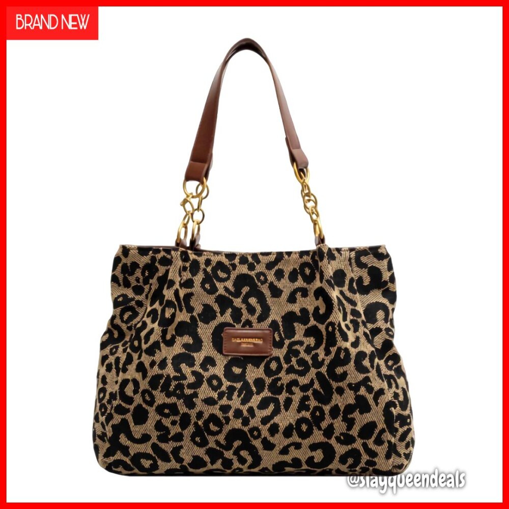Leopard Print Canvas Shoulder Bag with Chain Strap and Zipper Closure